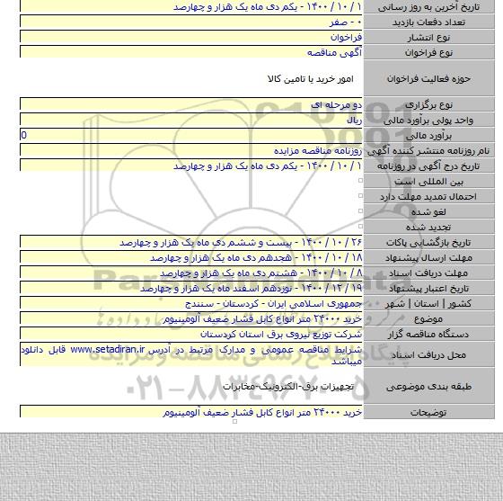 خرید ۲۴۰۰۰ متر انواع کابل فشار ضعیف آلومینیوم