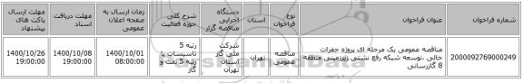 مناقصه عمومی یک مرحله ای پروژه حفرات خالی ،توسعه شبکه رفع نشتی زیرزمینی منطقه 8 گازرسانی