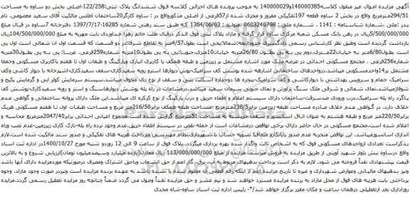 آگهی مزایده ششدانگ پلاک ثبتی:122/258-اصلی بخش دو ساوه به مساحت 294/51مترمربع 
