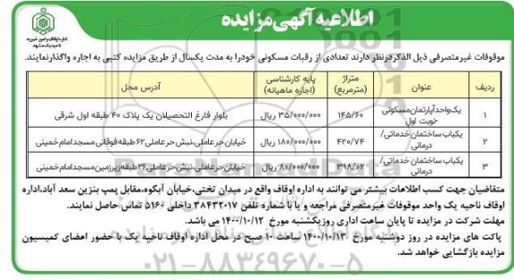 مزایده اجاره آپارتمان مسکونی و ساختمان خدماتی