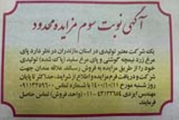 مزایده فروش پای مرغ زرد نیمچه گوشتی - نوبت سوم 