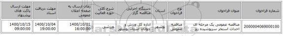 مناقصه عمومی یک مرحله ای احداث استخر سرپوشیده ریز