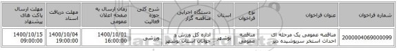 مناقصه عمومی یک مرحله ای احداث استخر سرپوشیده دیر