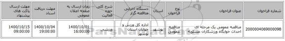 مناقصه عمومی یک مرحله ای احداث خوابگاه ورزشکاران عسلویه