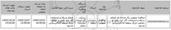 مناقصه عمومی یک مرحله ای اصلاح شبکه و انشعابات گاز، ابزار دقیق و حفاظت اززنگ منطقه 10گازرسانی مشهد