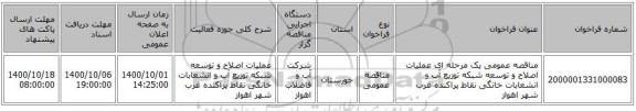 مناقصه عمومی یک مرحله ای عملیات اصلاح و توسعه شبکه توزیع آب و انشعابات خانگی نقاط پراکنده غرب شهر اهواز