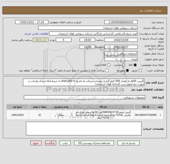 استعلام گریس sy00 به مقدار 500 کیلو گرم از تولیدات شرکت به تام ویا shell gl00 fi به شرط ارائه مدارک واردات در صورت نیاز-تحویل درب کارخانه فولاد آذربایجان