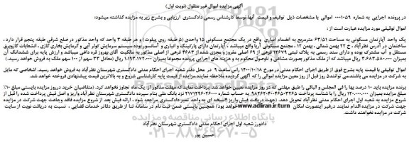 مزایده یک واحد آپارتمان مسکونی به مساحت 63/51 مترمربع