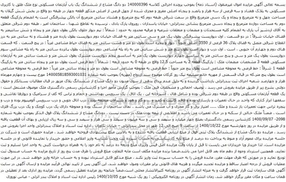 آگهی مزایده ششدانگ یک باب آپارتمان مسکونی نوع ملک طلق با کاربری مسکونی