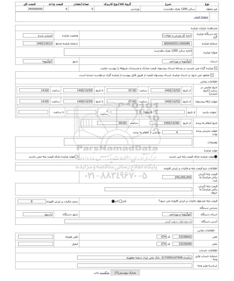 مزایده ، اجاره سالن 1200 نفری دهدشت