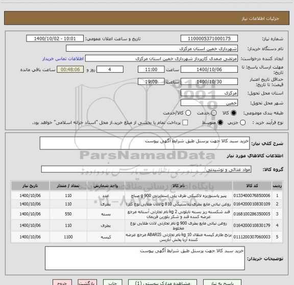 استعلام خرید سبد کالا جهت پرسنل طبق شرایط آگهی پیوست