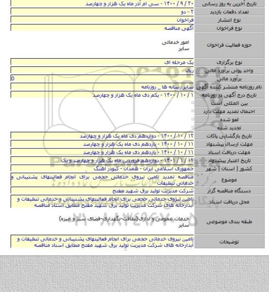 مناقصه تمدید تامین نیروی خدماتی حجمی برای انجام فعالیتهای پشتیبانی و خدماتی تنظیفات