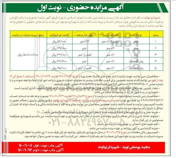 مزایده حضوری فروش چوب درختان خشک و بریده شده