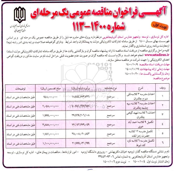 فراخوان مناقصه احداث مدرسه 3 کلاسه