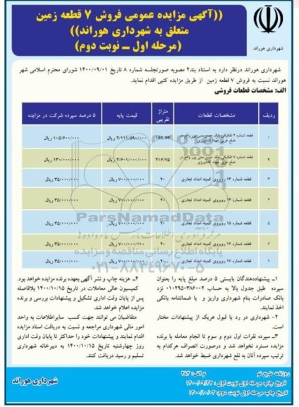 مزایده،مزایده فروش 7 قطعه زمین مرحله اول نوبت دوم 