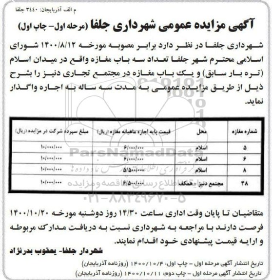مزایده اجاره سه باب مغازه