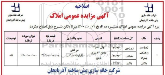 اصلاحیه مزایده فروش تعدادی از املاک 