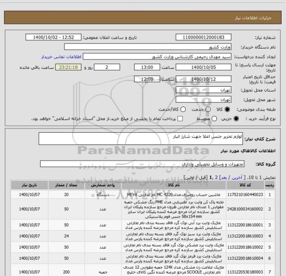 استعلام لوازم تحریر جنس اعلا جهت شارژ انبار 