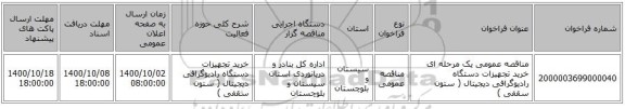 مناقصه عمومی یک مرحله ای خرید تجهیزات دستگاه رادیوگرافی دیجیتال ( ستون سقفی )