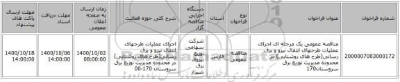 مناقصه عمومی یک مرحله ای اجرای عملیات طرحهای انتقال نیرو و برق رسانی(طرح های روشنایی) در محدوده مدیریت توزیع برق سروستان170