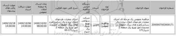مناقصه عمومی یک مرحله ای اجرای عملیات طرحهای انتقال نیرو و برق رسانی(طرح های رینگ خطوط) در محدوده امور توزیع برق منطقه 2 شیراز171
