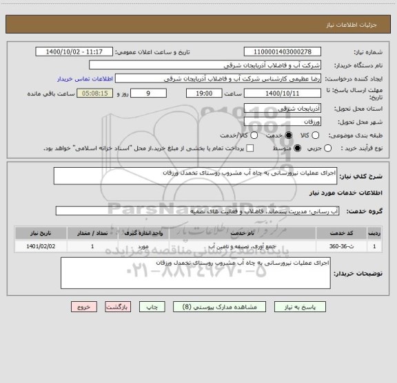 استعلام اجرای عملیات نیرورسانی به چاه آب مشروب روستای تخمدل ورزقان