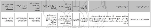 مناقصه عمومی یک مرحله ای اجرای عملیات بهسازی طرح هادی روستاهای چاه سرخ، بند امیر، مقرب یک، دژآباد، محمود آباد شهرستان زرقان