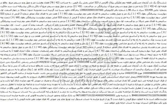 مزایده،آگهی مزایده ششدانگ یک باب آپارتمان مسکونی قطعه دوم تفکیکی بپلاک 5فرعی از 523 اصلی