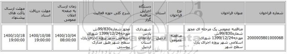 مناقصه عمومی یک مرحله ای مجوز شماره99/830ش مورخه1399/12/24 شورای اسلامی شهر پروژه اجرای پازل سطح شهر