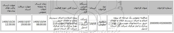 مناقصه عمومی یک مرحله ای پروژه اصلاح و اجرای سیستم اعلان و اطفای حریق ساختمانهای مهندسی ، بهره برداری و انبار مرکزی شرکت گاز استان اردبیل 