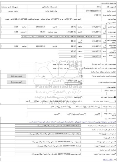 مجوز شماره 400/454ش مورخه1400/07/20 شورای اسلامی شهرمزایده قطعات 125،126،127،128 اراضی شیرزاد