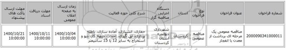 مناقصه عمومی یک مرحله ای برداشت از معدن با انفجار