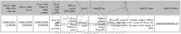 مناقصه عمومی همزمان با ارزیابی (فشرده) یک مرحله ای تجدید احداث خط انتقال دوم آب از تصفیه خانه شماره یک به دو شهرستان ماکو