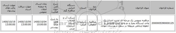 مناقصه عمومی یک مرحله ای تجدید احداث یک واحد ایستگاه پمپاژ و دو واحد لیفت فاضلابی و خطوط ارتباطی مربوطه در سطح شهرستان مهاباد