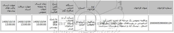 مناقصه عمومی یک مرحله ای تجدید تامین آب آشامیدنی در روستاهای دولی خانوان ، نیشگولان ، اشخل ، نیسک آباد و شموله شهرستان سردشت