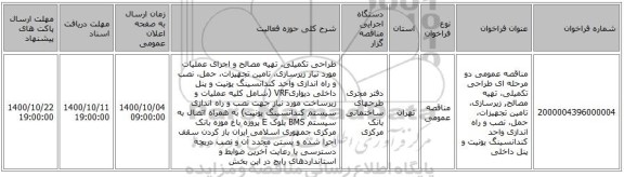 مناقصه عمومی دو مرحله ای طراحی تکمیلی، تهیه مصالح, زیرسازی، تامین تجهیزات، حمل، نصب و راه اندازی واحد کندانسینگ یونیت و پنل داخلی