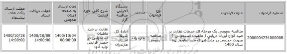 مناقصه عمومی یک مرحله ای خدمات نظارت بر صید انواع آبزیان دریایی ( ماهیان استخوانی ) بصورت حجمی در جایگاههای صید تعاونی پره سال 1400