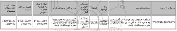مناقصه عمومی یک مرحله ای گازرسانی به حفره های خالی شهرستان اردبیل ، هیر و روستاهای تابعه 