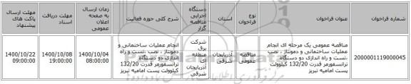 مناقصه عمومی یک مرحله ای انجام عملیات ساختمانی و دمونتاژ ، نصب ،تست و راه اندازی دو دستگاه ترانسفورمر قدرت 132/20 کیلوولت پست امامیه تبریز