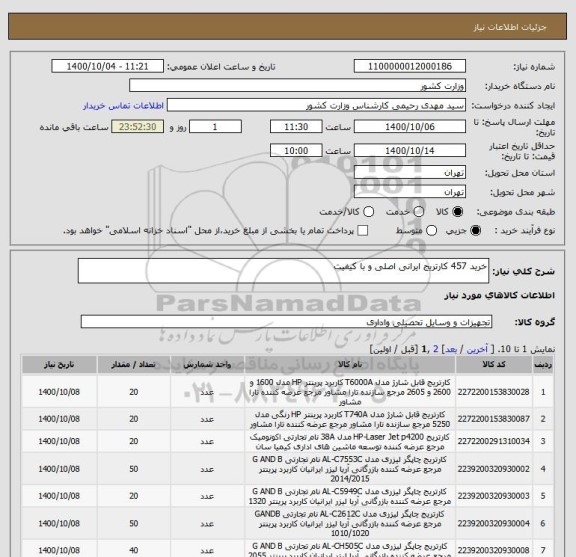 استعلام خرید 457 کارتریج ایرانی اصلی و با کیفیت