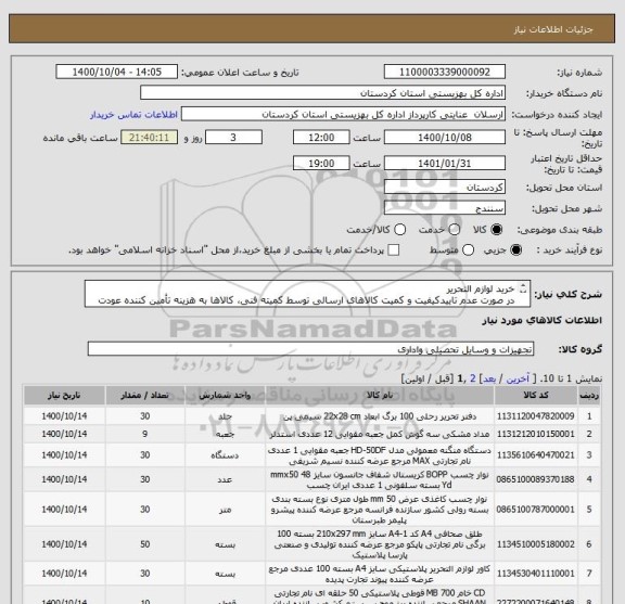 استعلام خرید لوازم التحریر
در صورت عدم تاییدکیفیت و کمیت کالاهای ارسالی توسط کمیته فنی، کالاها به هزینه تأمین کننده عودت داده خواهد شد.