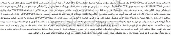 آگهی مزایده یک دستگاه اتومبیل سواری پراید