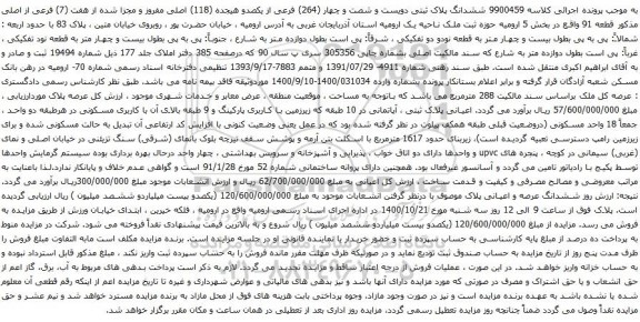 آگهی مزایده ششدانگ پلاک ثبتی دویست و شصت و چهار (264) فرعی از یکصدو هیجده (118) اصلی