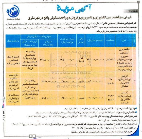 مزایده فروش پنج قطعه زمین کشاورزی نوبت دوم