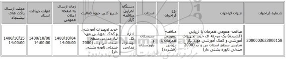 مناقصه عمومی همزمان با ارزیابی (فشرده) یک مرحله ای خرید تجهیزات آموزشی و کمک آموزشی مورد نیاز مدارس سطح استان س و ب (2000 صندلی تابوره پشتی دار)