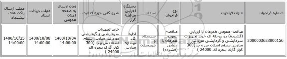 مناقصه عمومی همزمان با ارزیابی (فشرده) دو مرحله ای خرید تجهیزات سرمایشی و گرمایشی مورد نیاز مدارس سطح استان س و ب (300 کولر گازی پنجره ای 24000 )