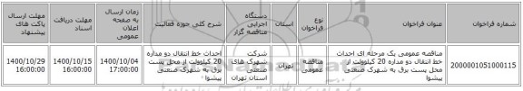 مناقصه عمومی یک مرحله ای احداث خط انتقال دو مداره 20 کیلوولت از محل پست برق به شهرک صنعتی پیشوا 