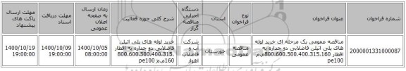 مناقصه عمومی یک مرحله ای خرید لوله های پلی اتیلن فاضلابی دو جداره به اقطار 800،600،500،400،315،160م.م pe100