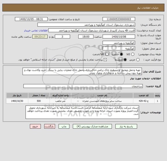 استعلام  تهیه وحمل وپخش و تسطیح خاک زراعی-خاکبرداری وحمل خاک-عملیات بنایی با سنگ -خرید وکاشت نهال و تهیه بتون پیش ساخته و جدولگذاری وبلوک چینی
