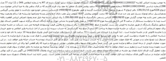 آگهی مزایده یک دستگاه اتومبیل سواری سایپا کوئیک دنده ای MT